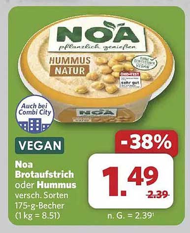 Noa Brotaufstrich oder Hummus, 175-g-Becher, natur