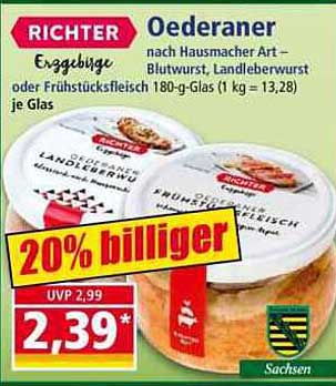 Oederaner nach Hausmacher Art – Blutwurst, Landleberwurst oder Frühstücksfleisch 180-g-Glas