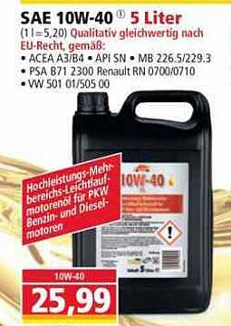 SAE 10W-40 Motoröl 5 Liter