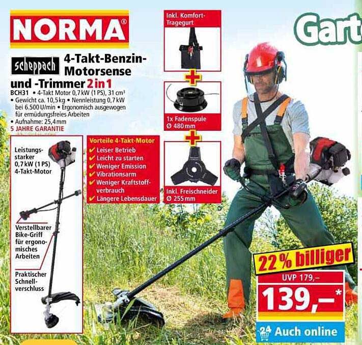 scheppach 4-Takt-Benzin-Motorsense und -Trimmer 2in1 BCH31