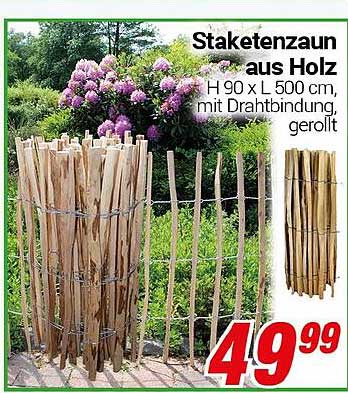 Staketenzaun aus Holz - H 90 x L 500 cm, mit Drahtbindung, gerollt