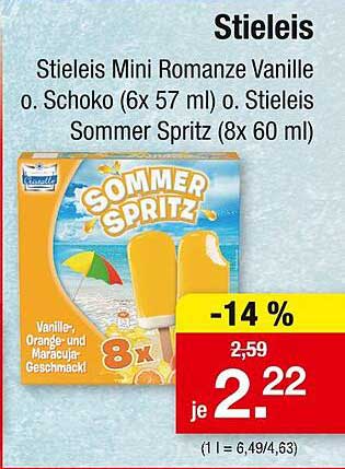Stieleis Mini Romanze Vanille o. Schoko (6x 57 ml) o. Stieleis Sommer Spritz (8x 60 ml)