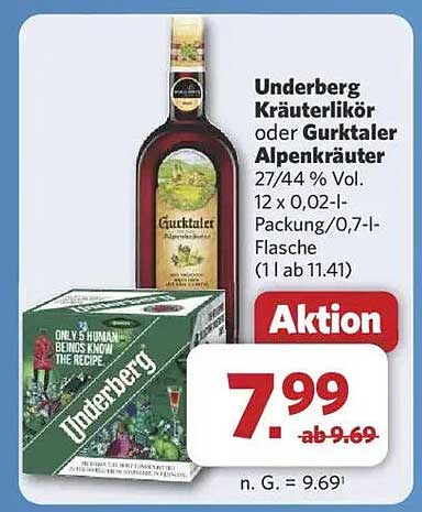 Underberg Kräuterlikör oder Gurktaler Alpenkräuter - 27/44 % Vol 0,7 l