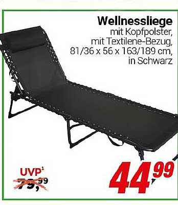 Wellnessliege mit Kopfpolster, Textilene-Bezug, 81/36 x 56 x 163/189 cm, in Schwarz