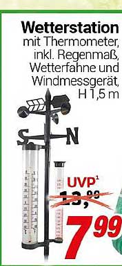 Wetterstation mit Thermometer, inkl. Regenmaß, Wetterfahne und Windmessgerät, H 1,5 m