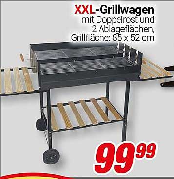 XXL-Grillwagen mit Doppelrost und 2 Ablageflächen, Grillfläche: 85 x 52 cm