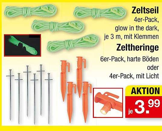 Zeltseil 4er-Pack, glow in the dark, je 3 m, mit Klemmen