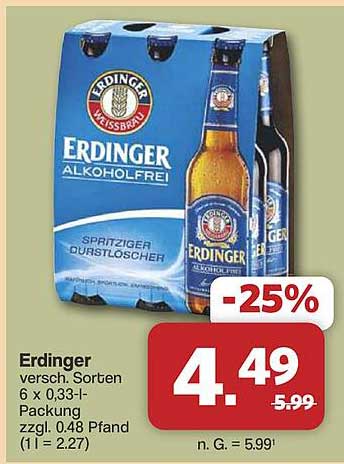 Erdinger verschieden. Sorten 6 x 0,33-l-Packung zzgl. 0.48 Pfand (1 l = 2.27)