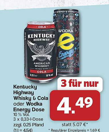 Kentucky Highway Whisky & Cola oder Wodka Energy Dose