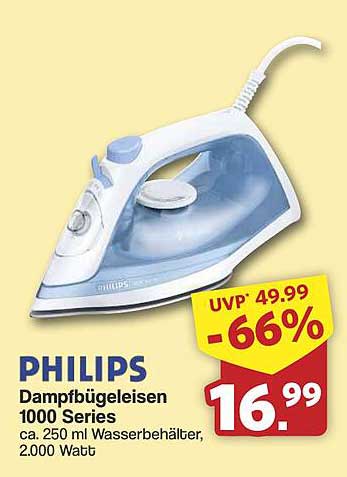 PHILIPS Dampfbügeleisen 1000 Series ca. 250 ml Wasserbehälter, 2.000 Watt