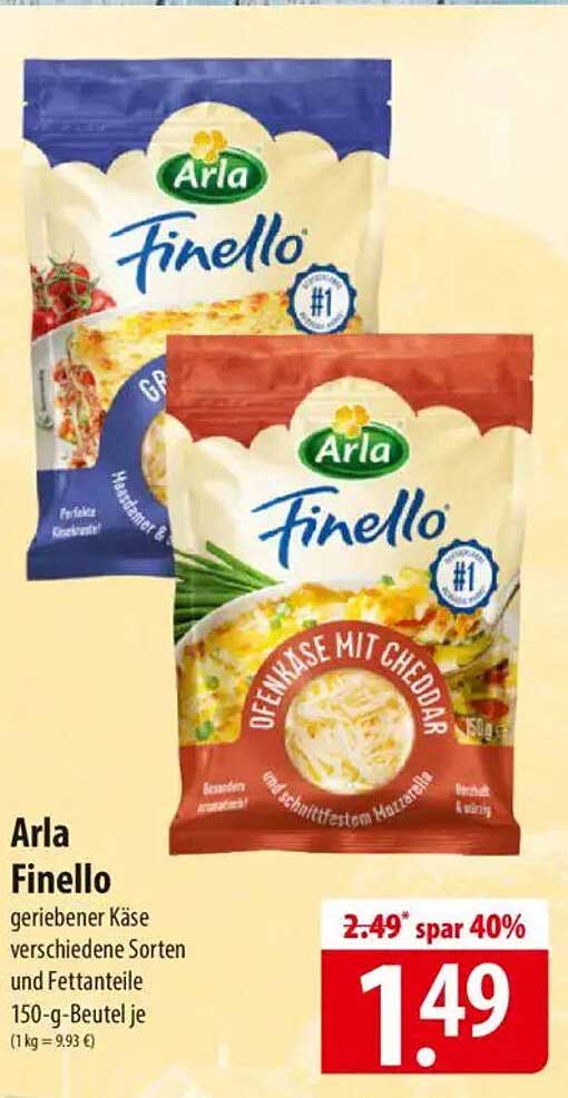 Arla Finello geriebener Käse verschiedene Sorten und Fettanteile 150-g-Beutel