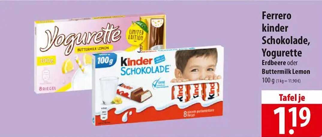 Ferrero Kinder Schokolade, Yogurette Buttermilk Lemon, Erdbeere 100g