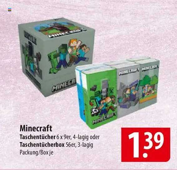 Minecraft Taschentücher 6 x 9er, 4-lagig oder Taschentücherbox 56er, 3-lagig