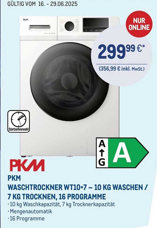 PKM Waschtrockner WT10+7 – 10 kg Waschen / 7 kg Trocknen, 16 Programme