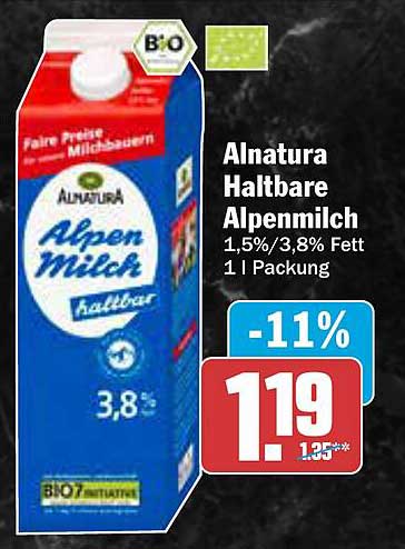 Alnatura Haltbare Alpenmilch 1,5%/3,8% Fett 1 l Packung