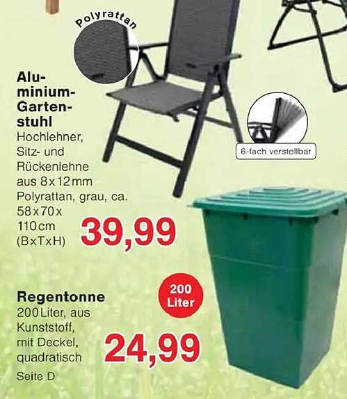 Aluminium-Gartenstuhl und Regentonne – Praktische Gartenmöbel und Zubehör