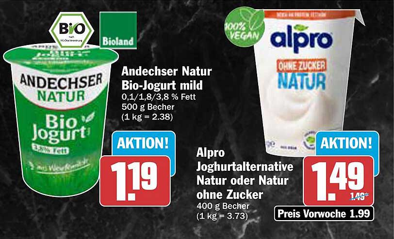 Andechser Natur Bio-Jogurt mild und Alpro Joghurtalternative Natur oder ohne Zucker