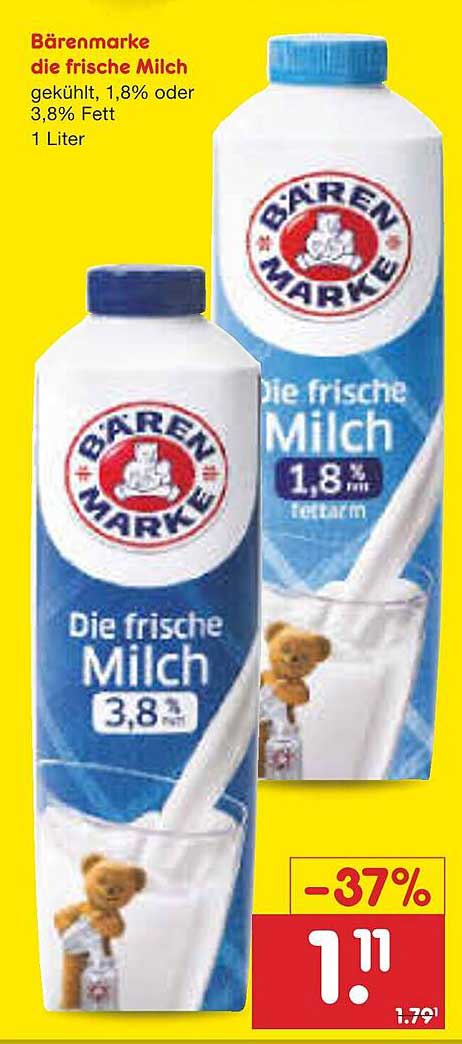 Bärenmarke die frische Milch 1,8% oder 3,8% Fett - 1 Liter