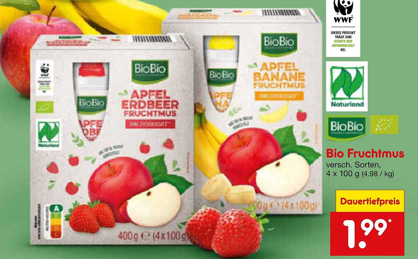 Bio Fruchtmus Apfel-Erdbeer und Apfel-Banane, 4 x 100 g