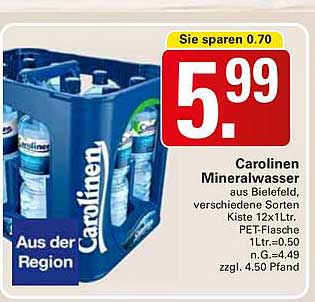 Carolinen Mineralwasser aus Bielefeld, verschiedene Sorten, Kiste 12x1Ltr.