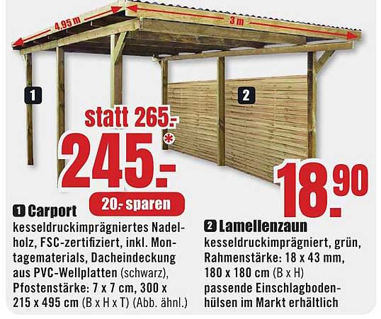 Carport kesseldruckimprägniertes Nadelholz inkl. Dacheindeckung - jetzt für nur 245€ statt 265€!