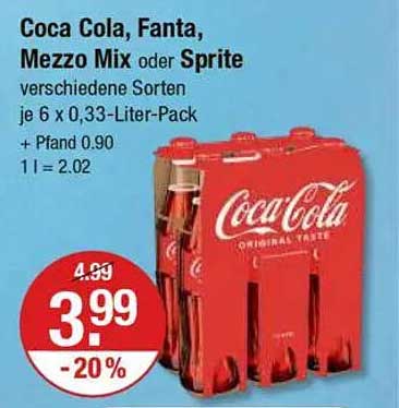Coca Cola, Fanta, Mezzo Mix oder Sprite 6 x 0,33-Liter-Pack