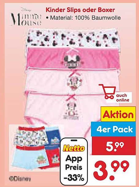 Disney Minnie Mouse Kinder Slips oder Boxer - 4er Pack