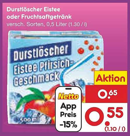 Durstlöscher Eistee oder Fruchtsaftgetränk, verschiedene Sorten, 0,5 Liter