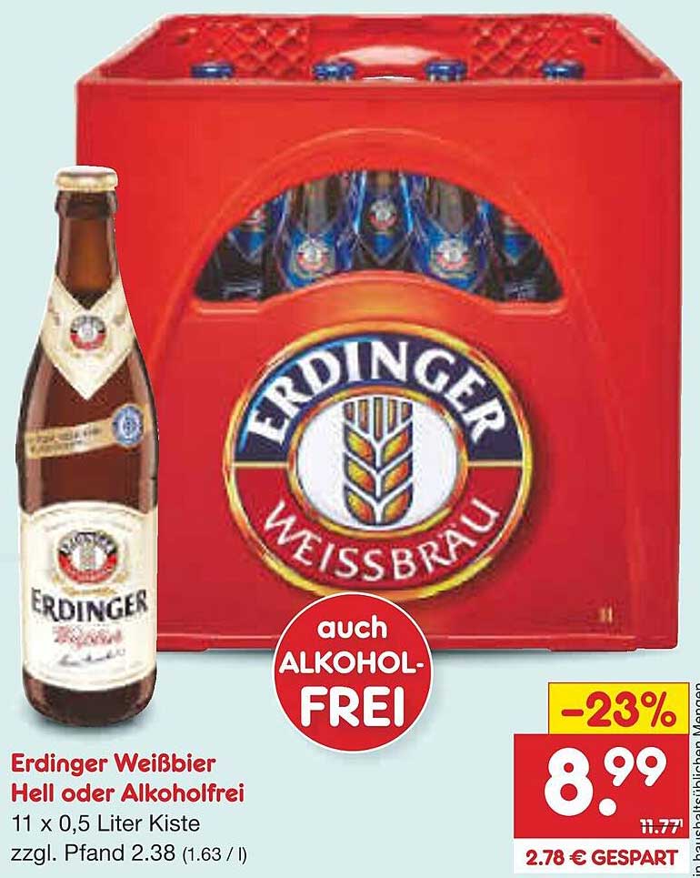 Erdinger Weißbier Hell oder Alkoholfrei 11 x 0,5 Liter Kiste