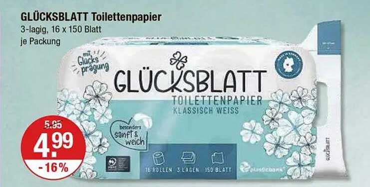 GLÜCKSBRETT Toilettenpapier 3-lagig, 16 x 150 Blatt je Packung