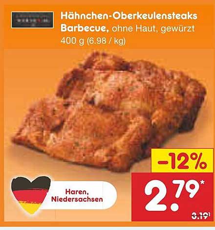 Hähnchen-Oberkeulensteaks Barbecue, ohne Haut, gewürzt 400 g