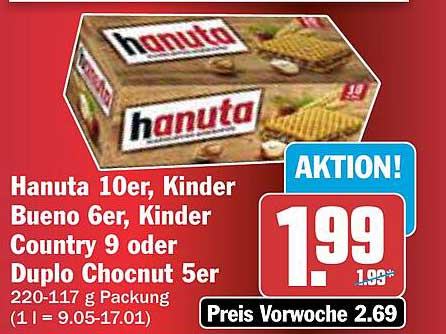 Hanuta 10er, Kinder Bueno 6er, Kinder Country 9 oder Duplo Chocnut 5er