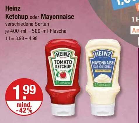 Heinz Ketchup oder Mayonnaise, verschiedene Sorten je 400-ml - 500-ml-Flasche