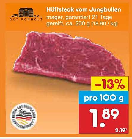 Hüftsteak vom Jungbullen, mager, garantiert 21 Tage gereift, ca. 200 g (18,90 / kg)