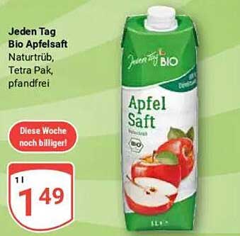 Jeden Tag Bio Apfelsaft Naturtrüb Tetra Pak, pfandfrei
