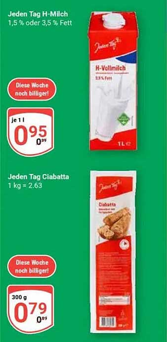 Jeden Tag H-Milch 1,5 % oder 3,5 % Fett - 1 l für 0,95 €