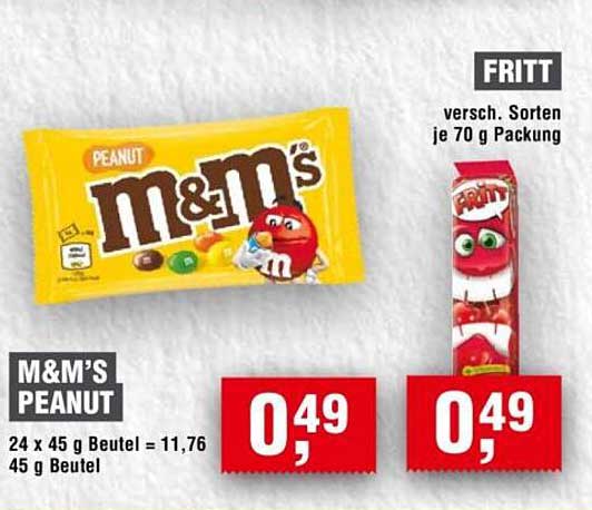 M&M's Peanut 45 g Beutel und Fritt 70 g Verpackung