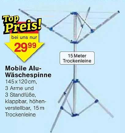 Mobile Alu-Wäschespinne 145x120 cm mit 15 m Trockenleine