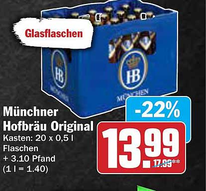 Münchner Hofbräu Original - Kasten 20 x 0,5 l Flaschen