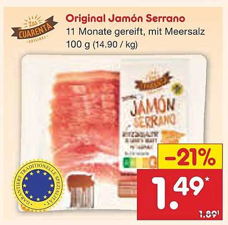 Original Jamón Serrano - 11 Monate gereift, mit Meersalz