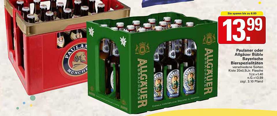 Paulaner oder Allgäuer Büble Bayerische Bierspezialitäten - Kiste 20x0,5L Flasche