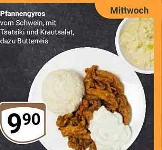 Pfannengyros vom Schwein mit Tsatsiki und Krautsalat, dazu Butterreis