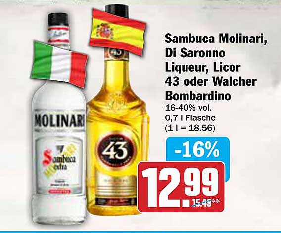 Sambuca Molinari, Di Saronno Liqueur, Licor 43 oder Walcher Bombardino