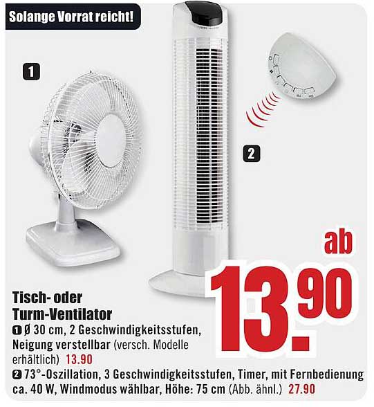 Tisch- oder Turm-Ventilator ab 13,90 €