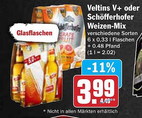 Veltins V+ oder Schöfferhofer Weizen-Mix 6 x 0,33 l Flaschen