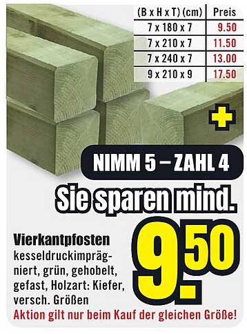 Vierkantpfosten kesseldruckimpregniert, grün, gehobelt, gefast