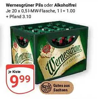 Wernesgrüner Pils oder Alkoholfrei - 20 x 0,5 l MW-Flasche