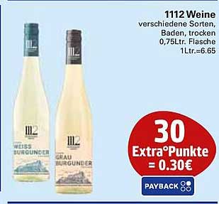 1112 Weine verschiedene Sorten, Baden, trocken, 0,75Ltr. Flasche 1Ltr.=6.65