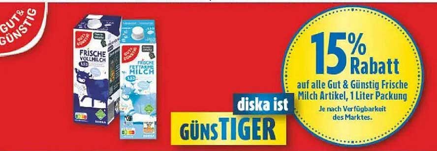 15% Rabatt auf alle Gut & Günstig Frische Milch Artikel, 1 Liter Packung