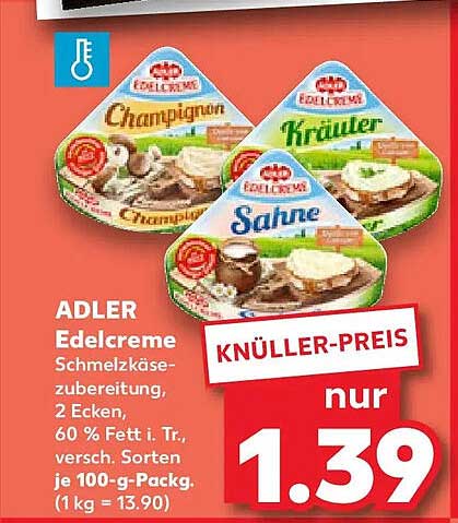 ADLER Edelcreme Schmelzkäse-zubereitung, 2 Ecken, 60 % Fett i. Tr., versch. Sorten je 100-g-Packg. (1 kg = 13.90)